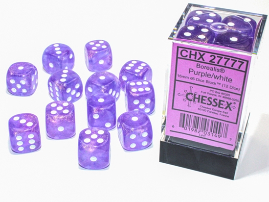 [ACC-SH-CHX27777] Chessex Borealis 16mm d6 Purple/white Luminary Dice Block (12 dice)