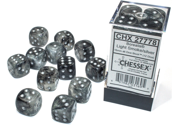 [ACC-SH-CHX27778] Chessex Borealis 16mm d6 Light Smoke/silver Luminary Dice Block (12 dice)